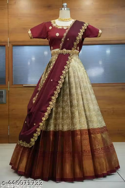 Beautiful Embroidery work Unstitched Half Saree with Woven Design & Rangoli Embroidery Dupatta For Women