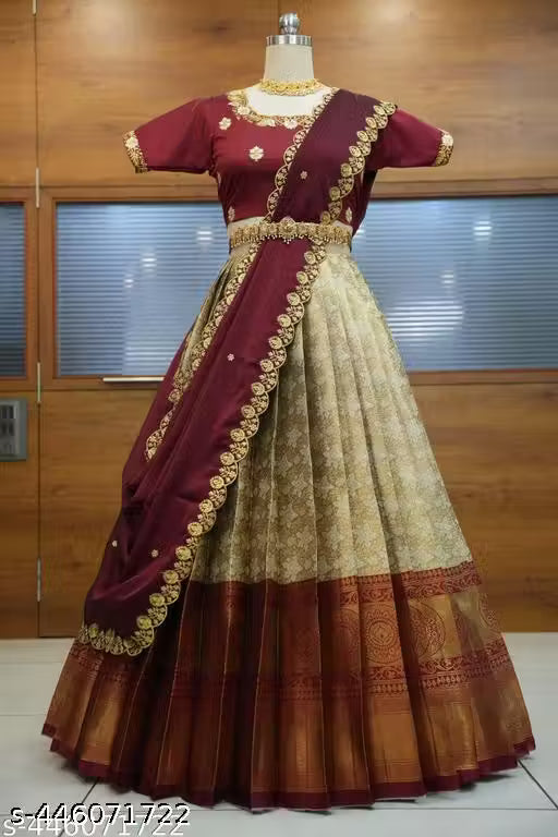 Beautiful Embroidery work Unstitched Half Saree with Woven Design & Rangoli Embroidery Dupatta For Women