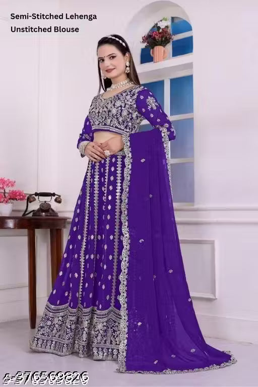Georgette Embroidered Blue Semi-Stitched Lehenga with Unstitched Blouse