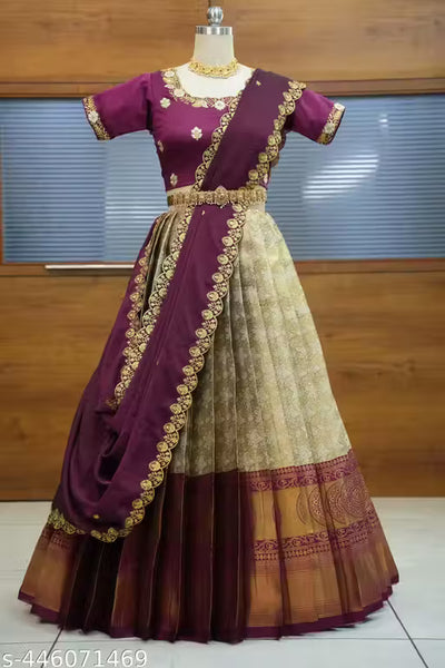 Beautiful Embroidery work Unstitched Half Saree with Woven Design & Rangoli Embroidery Dupatta For Women