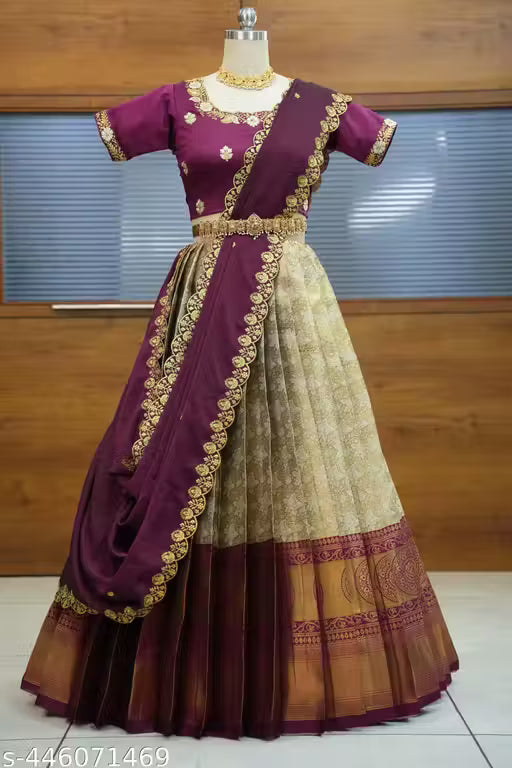 Beautiful Embroidery work Unstitched Half Saree with Woven Design & Rangoli Embroidery Dupatta For Women