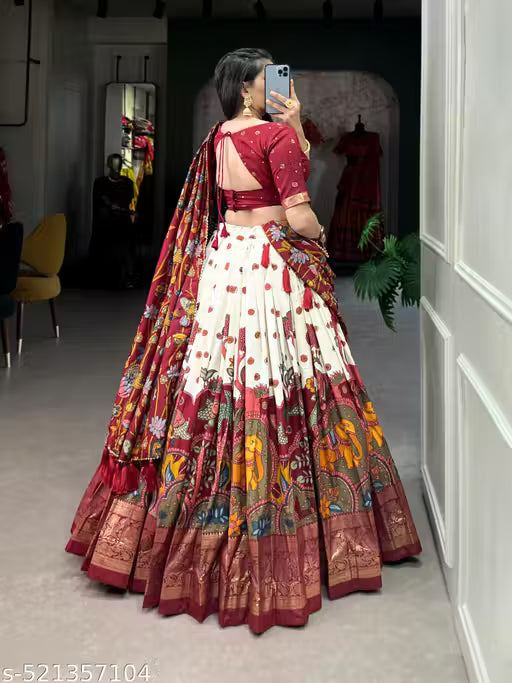 This Tussar Silk Printed Lehenga Choli: Effortless Glamour and Sophistication