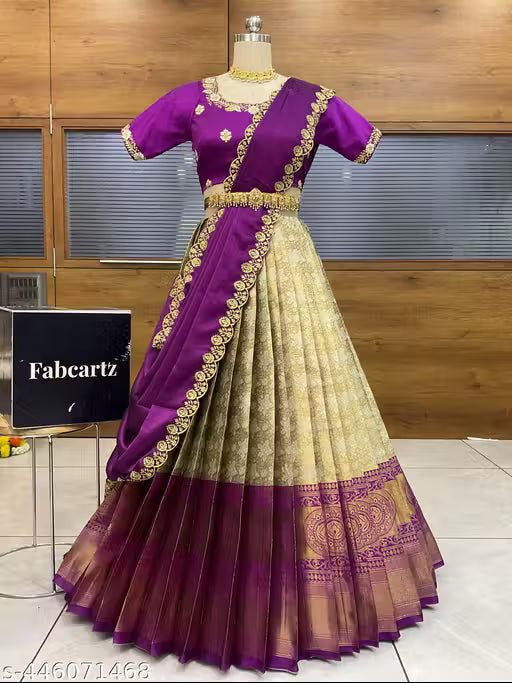 Beautiful Embroidery work Unstitched Half Saree with Woven Design & Rangoli Embroidery Dupatta For Women