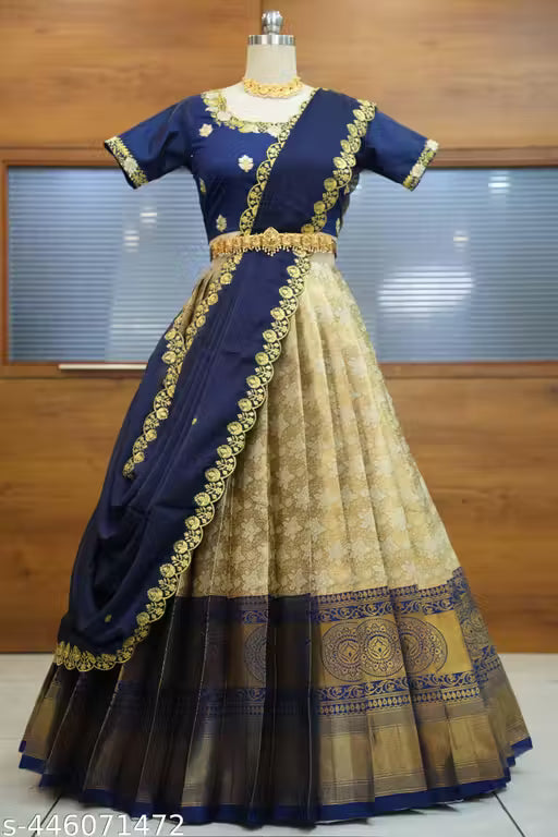 Beautiful Embroidery work Unstitched Half Saree with Woven Design & Rangoli Embroidery Dupatta For Women