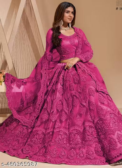 Embroidered Thread Work Semi-Stitched Lehenga with Unstitched Blouse and inner fabric with Stitched Dupatta
