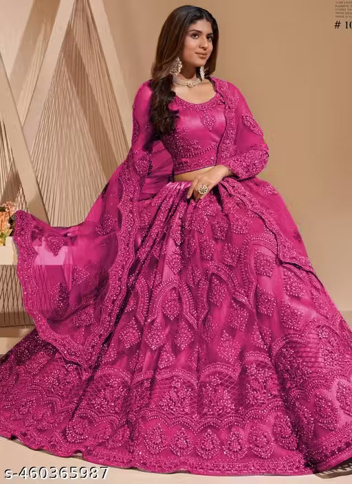 Embroidered Thread Work Semi-Stitched Lehenga with Unstitched Blouse and inner fabric with Stitched Dupatta