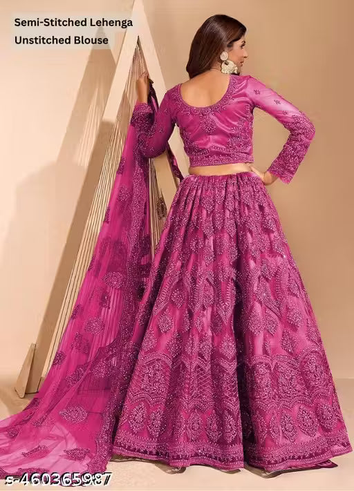 Embroidered Thread Work Semi-Stitched Lehenga with Unstitched Blouse and inner fabric with Stitched Dupatta
