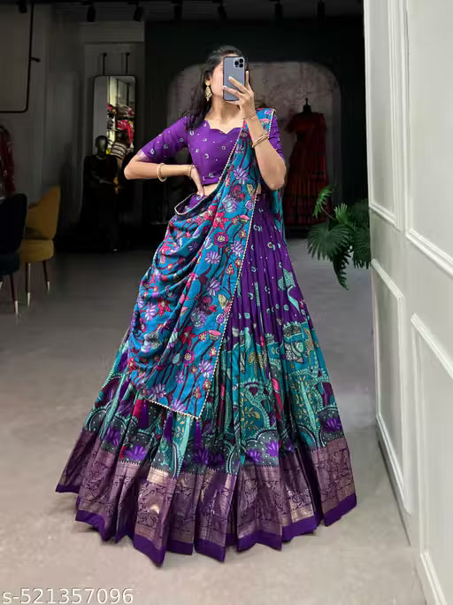 This Tussar Silk Printed Lehenga Choli: Effortless Glamour and Sophistication