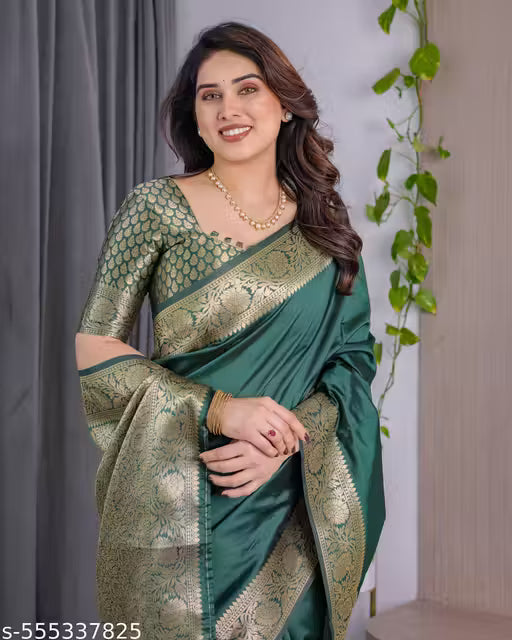 Festive Wear Kanjivaram Silk Saree for Women with Golden Zari & Attached Blouse