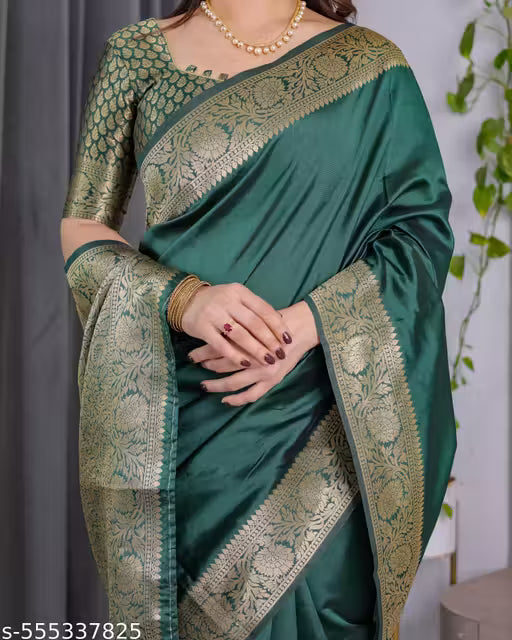 Festive Wear Kanjivaram Silk Saree for Women with Golden Zari & Attached Blouse