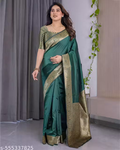 Festive Wear Kanjivaram Silk Saree for Women with Golden Zari & Attached Blouse