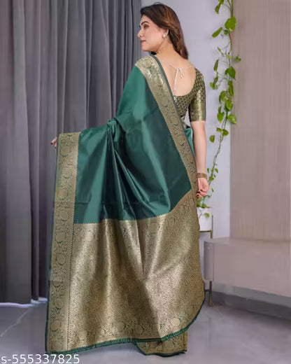 Festive Wear Kanjivaram Silk Saree for Women with Golden Zari & Attached Blouse