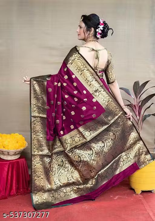 Women's Kanjivaram Soft Banarasi Silk Saree With Blouse Piece Wine