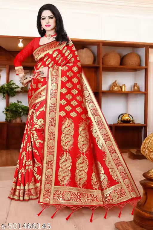 Outstanding Red Soft Banarasi Silk Saree With Angelic Blouse Piece