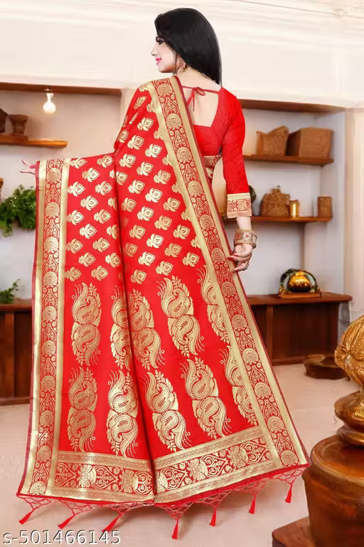 Outstanding Red Soft Banarasi Silk Saree With Angelic Blouse Piece