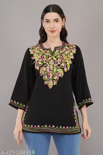 Women's Rayon Black Embroidery Short Kurti