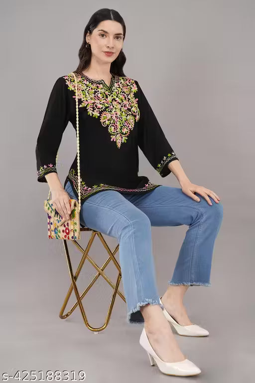 Women's Rayon Black Embroidery Short Kurti