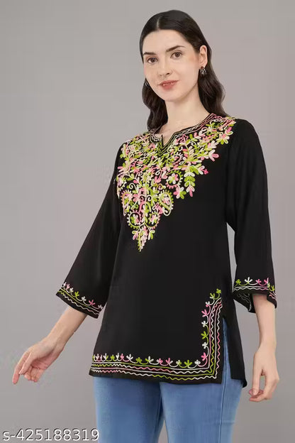 Women's Rayon Black Embroidery Short Kurti