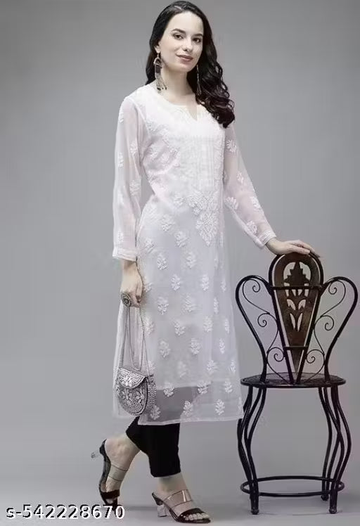 Women’s Chikankari Embroidered Georgette Kurti | Calf-Length Hand Work Kurta | Ethnic & Festive Wear | White