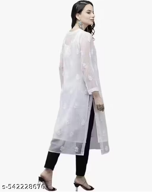 Women’s Chikankari Embroidered Georgette Kurti | Calf-Length Hand Work Kurta | Ethnic & Festive Wear | White