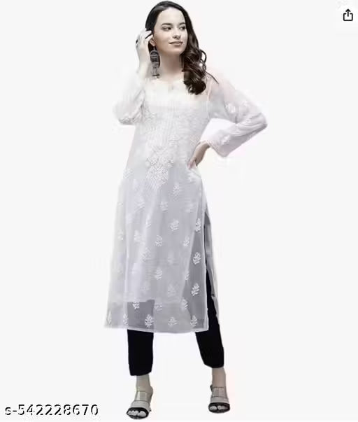 Women’s Chikankari Embroidered Georgette Kurti | Calf-Length Hand Work Kurta | Ethnic & Festive Wear | White