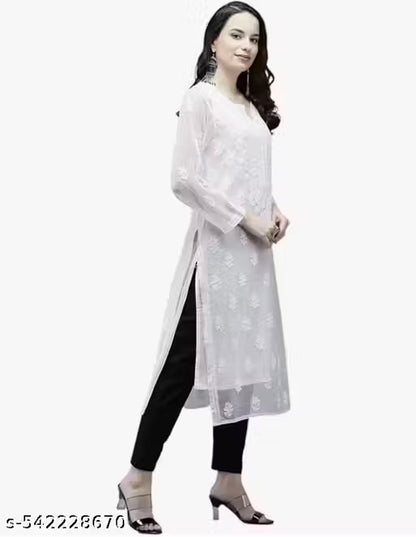 Women’s Chikankari Embroidered Georgette Kurti | Calf-Length Hand Work Kurta | Ethnic & Festive Wear | White