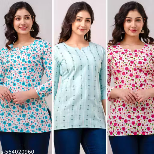 Floral Printed Short Kurti for Women Combo of 3