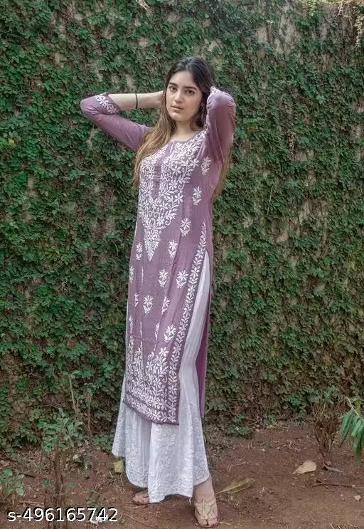 CHIKANKARI KURTI FLOWER PIYAJI only kurti WITHOUT BOTTOM