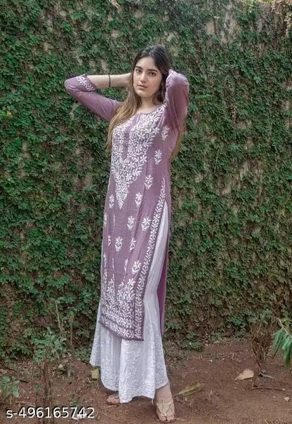CHIKANKARI KURTI FLOWER PIYAJI only kurti WITHOUT BOTTOM
