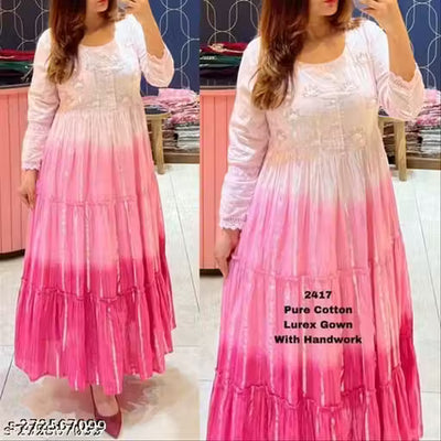 Women pure cotton lurex fabric gown with beautiful handwork on neck