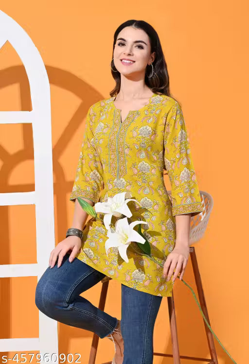 Womens Printed Pure Cotton Kurti in Yellow