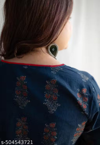 Indigo Ajrakh HandBlock Printed Cotton Kurta With Pockect