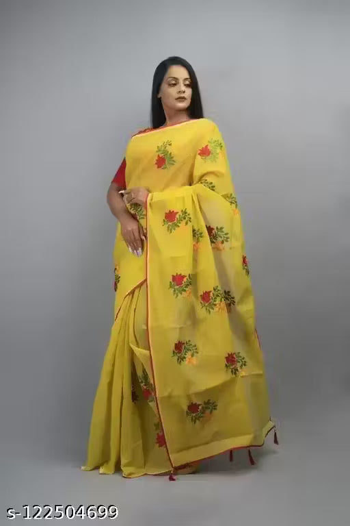 Cotton Saree Chanderi Cotton Yellow Saree Cotton Linen