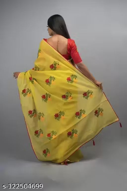 Cotton Saree Chanderi Cotton Yellow Saree Cotton Linen