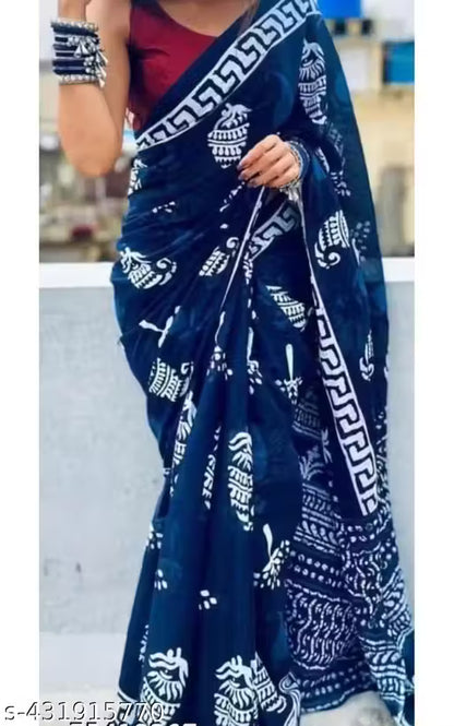 NEW SUMMER HAND BLOCK PRINTED COTTON MULMUL SAREE WITH UNSTITCHED BLOUSE PIECE