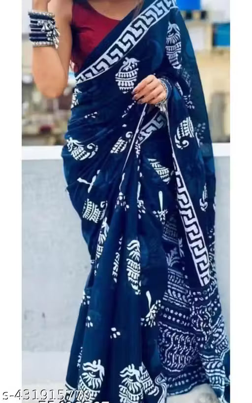 NEW SUMMER HAND BLOCK PRINTED COTTON MULMUL SAREE WITH UNSTITCHED BLOUSE PIECE
