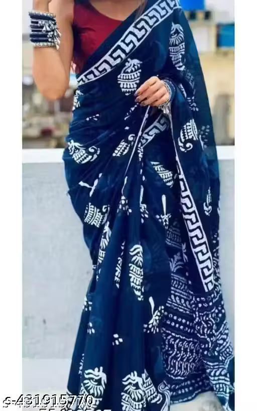 NEW SUMMER HAND BLOCK PRINTED COTTON MULMUL SAREE WITH UNSTITCHED BLOUSE PIECE