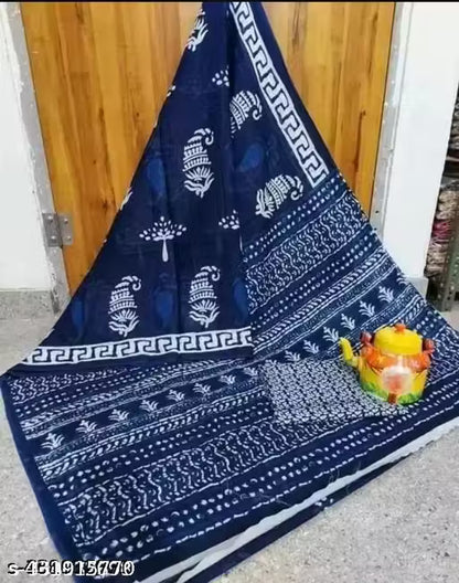 NEW SUMMER HAND BLOCK PRINTED COTTON MULMUL SAREE WITH UNSTITCHED BLOUSE PIECE