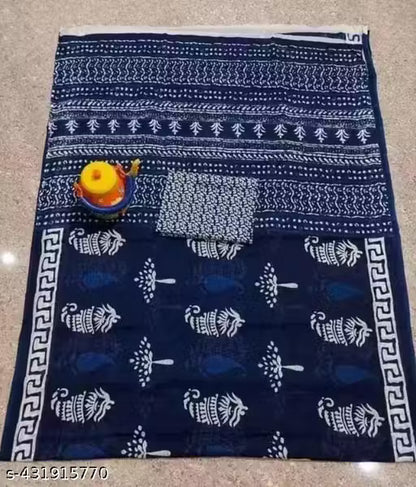 NEW SUMMER HAND BLOCK PRINTED COTTON MULMUL SAREE WITH UNSTITCHED BLOUSE PIECE