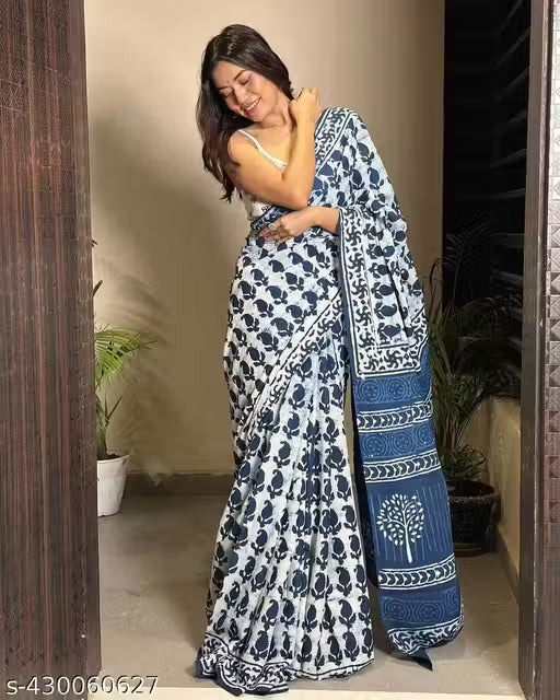 Fastival Wear Hand Block Printed Soft Cotton Mulmul Saree With Blouse