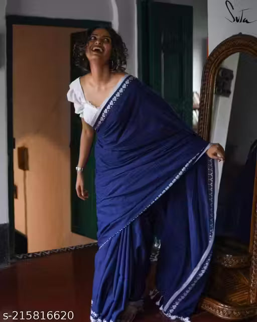 Traditional Plain Handloom Pure Cotton Saree With Border For Women(Blue)|Ethnic Wear|Traditional Saree