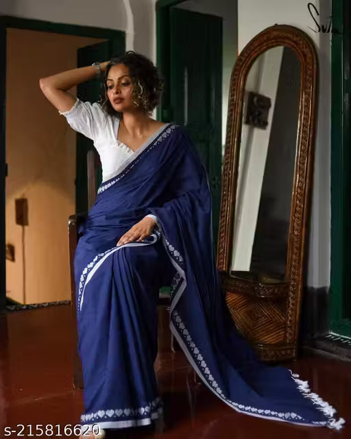 Traditional Plain Handloom Pure Cotton Saree With Border For Women(Blue)|Ethnic Wear|Traditional Saree