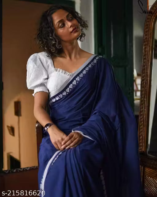 Traditional Plain Handloom Pure Cotton Saree With Border For Women(Blue)|Ethnic Wear|Traditional Saree