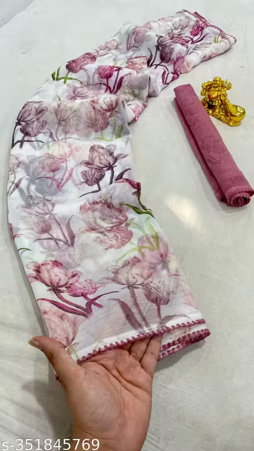 Chiffon Digital Floral Saree With Pipping