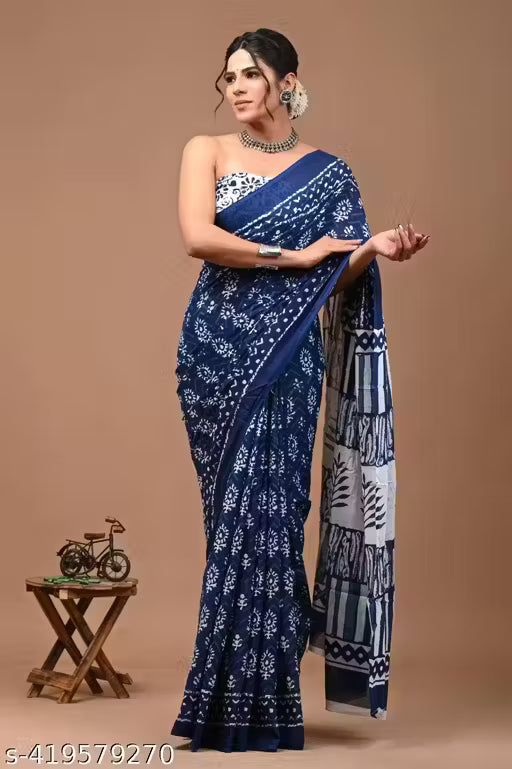 Jaipuri Hand Block Printed Soft Cotton Mulmul Saree