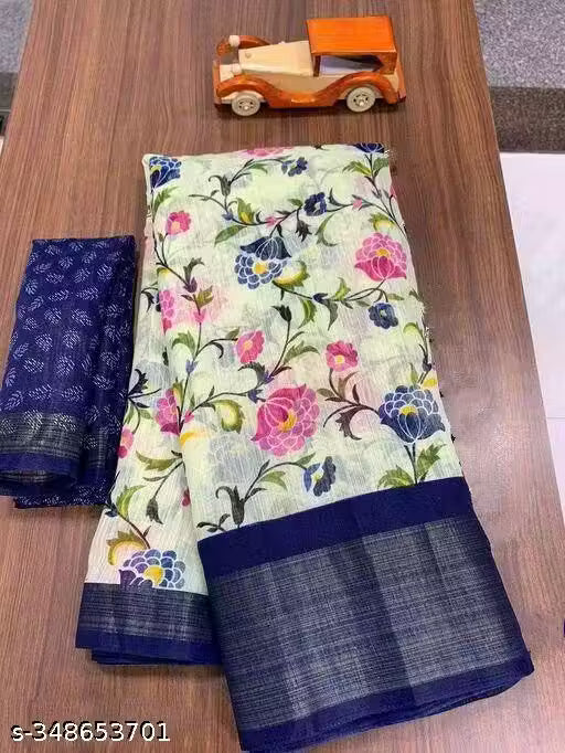 Fashionable Zarina White/Tusser Floral Bright Color Semi-Transparent Cotton Blend Saree with Contrast Matching Unstitched Blouse.