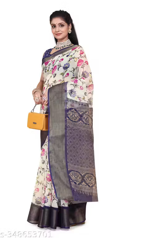 Fashionable Zarina White/Tusser Floral Bright Color Semi-Transparent Cotton Blend Saree with Contrast Matching Unstitched Blouse.