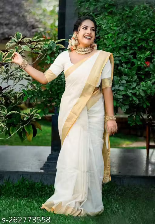 Kasavu Cotton Blend White Saree With Blouse