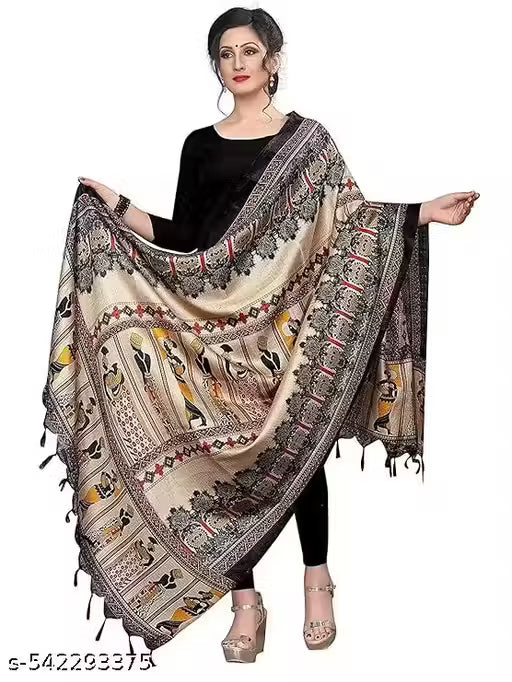 Cream Beige Madhubani Print Dupatta for Women | Mithila Folk Art Handcrafted Dupatta