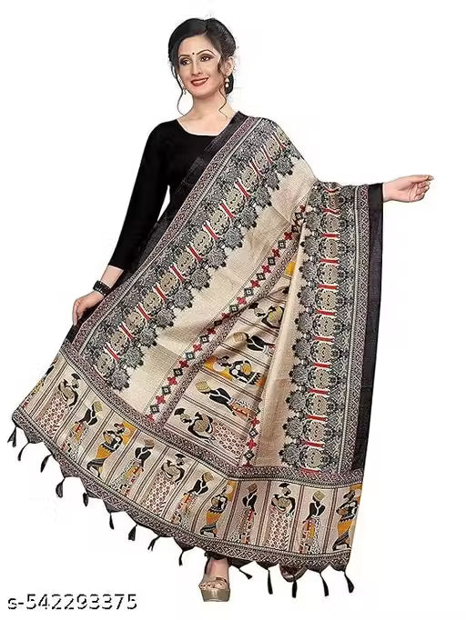 Cream Beige Madhubani Print Dupatta for Women | Mithila Folk Art Handcrafted Dupatta